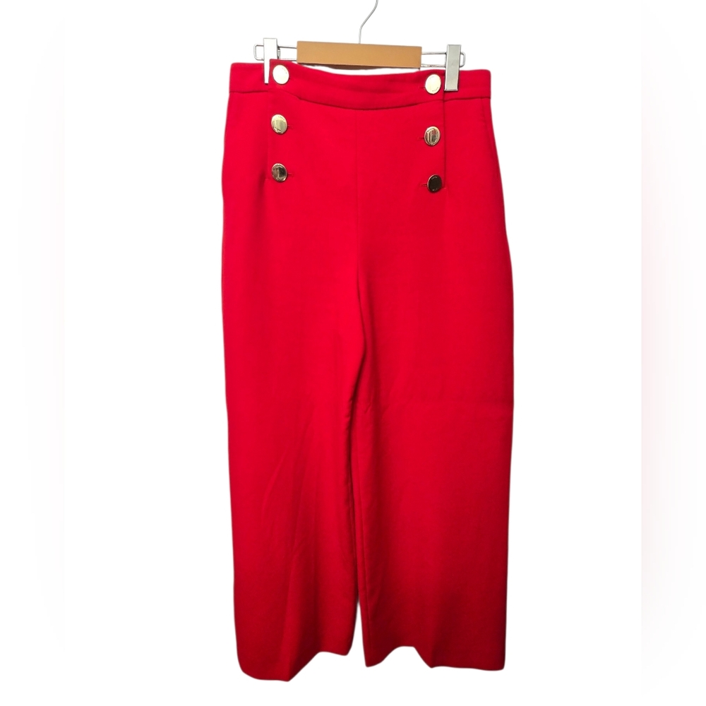 Karen Millen High-Waist Wide Leg Sailor Pants with Gold Buttons Size 8